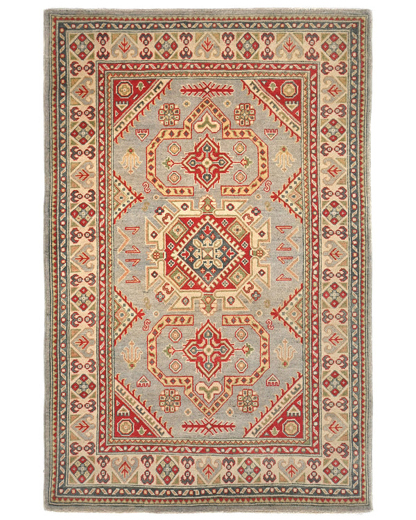 4x6 Gray Kuba Afghan Hand Knotted Wool Area Rug